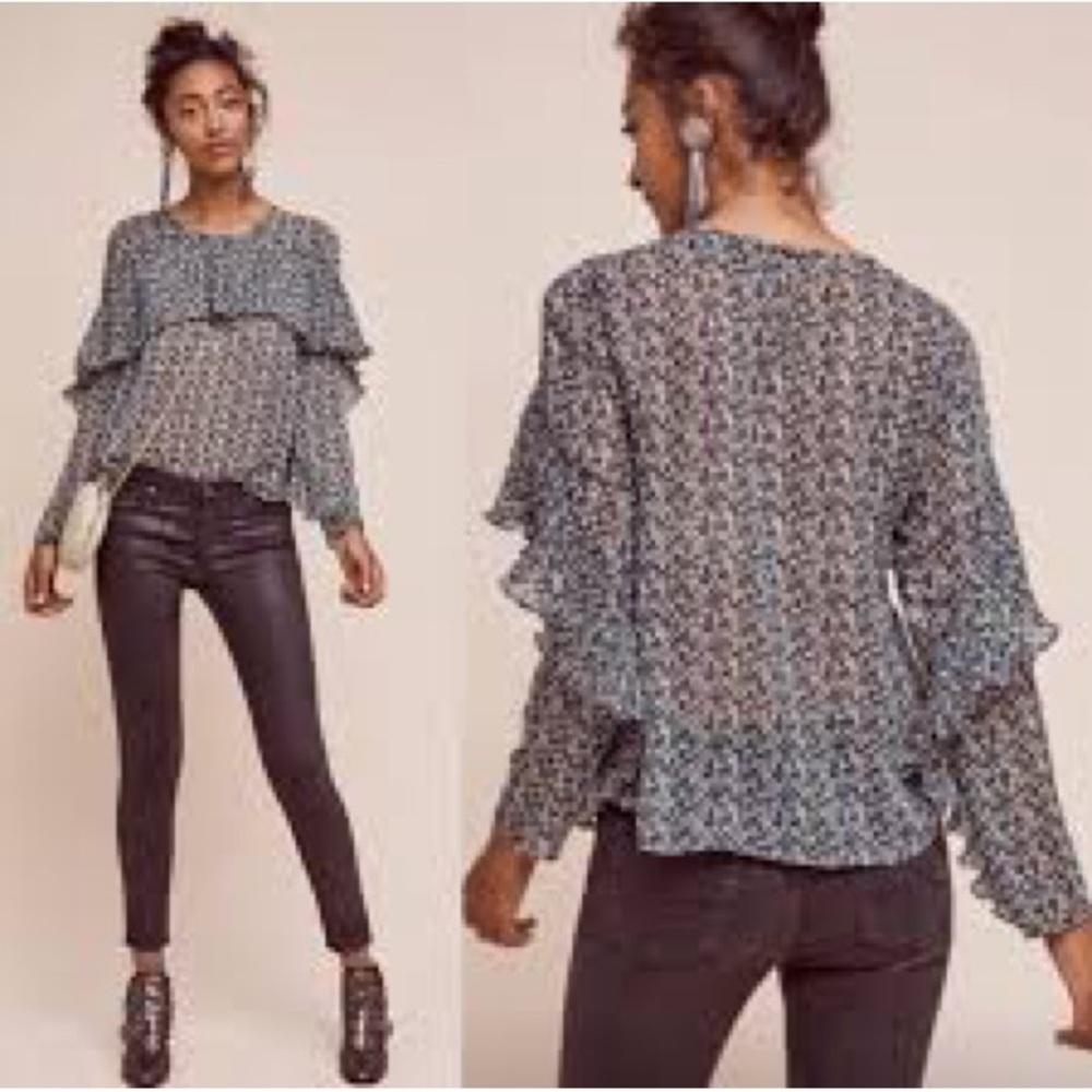 Anthropologie Sunday in Brooklyn forget me not floral Ruffle sheer blouse size M